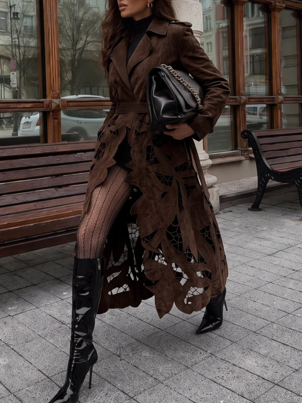 Coffee Brown Elegant Women's Leaf Hollow Embroidery Trench Coat